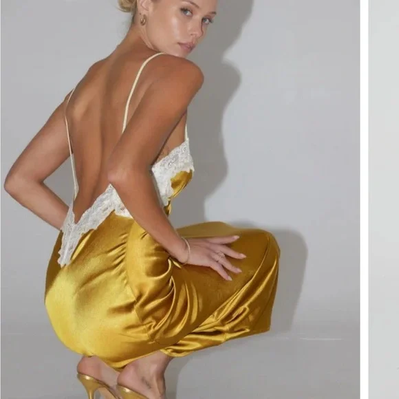 Elegant Gold Yellow Slip Dress with Lace Trim and Low Back - Picture 7 of 11